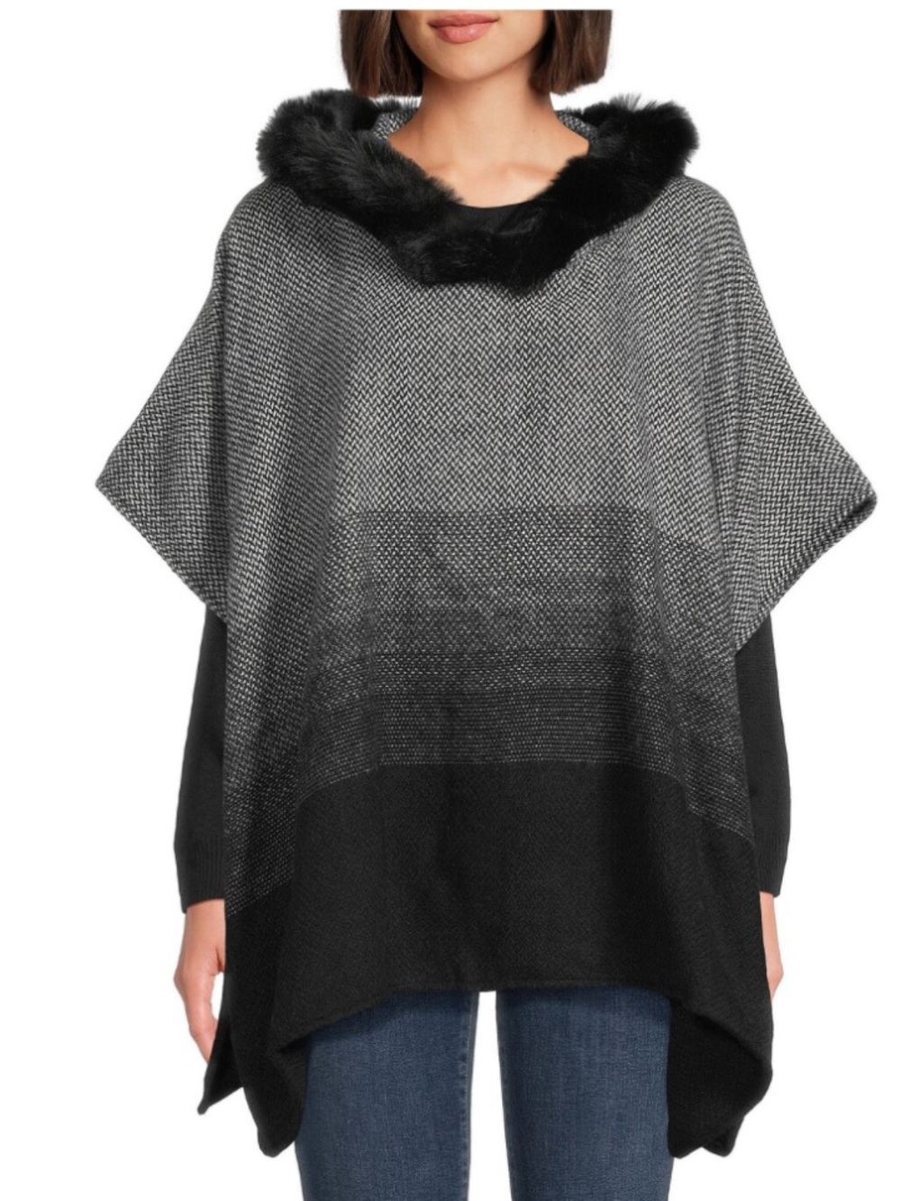 SASSO + SMYTH Ombre Poncho with Faux Fur Hood